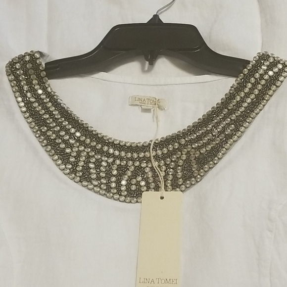 LINA Tomei Linen Round Beaded Neck Sheath Dress - Picture 7 of 7